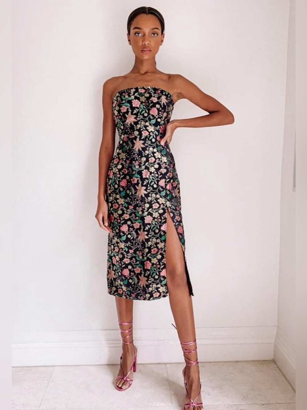 Lulu's Black Strapless Floral Midi Dress with Pink & Green Print